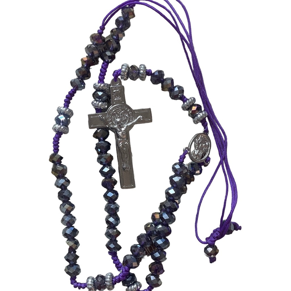 Elegant Purple Beaded Rosary Necklace with Silver Cross